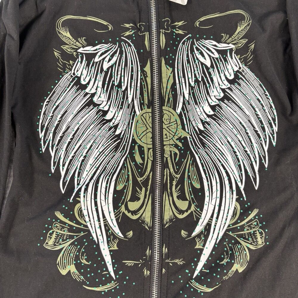 INAWLY Black Angel Wing Rhinestone Hooded Zip Mini Dress Womens S NWT Goth Y2K - Picture 3 of 15